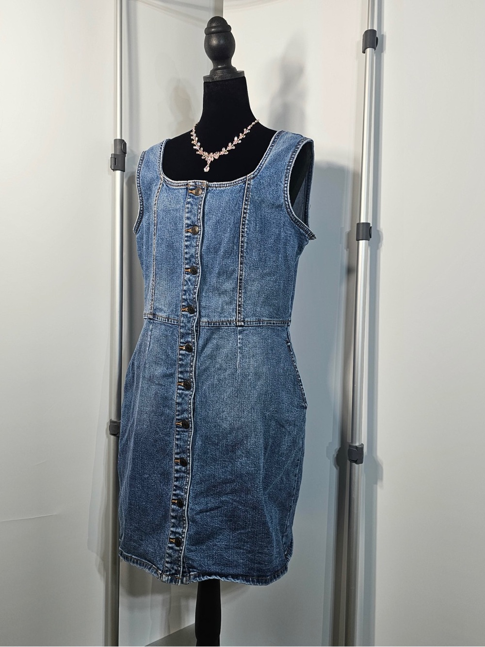 #300 Jordache Vintage Blue Denim Button Front Mini Dress Size Large Y2